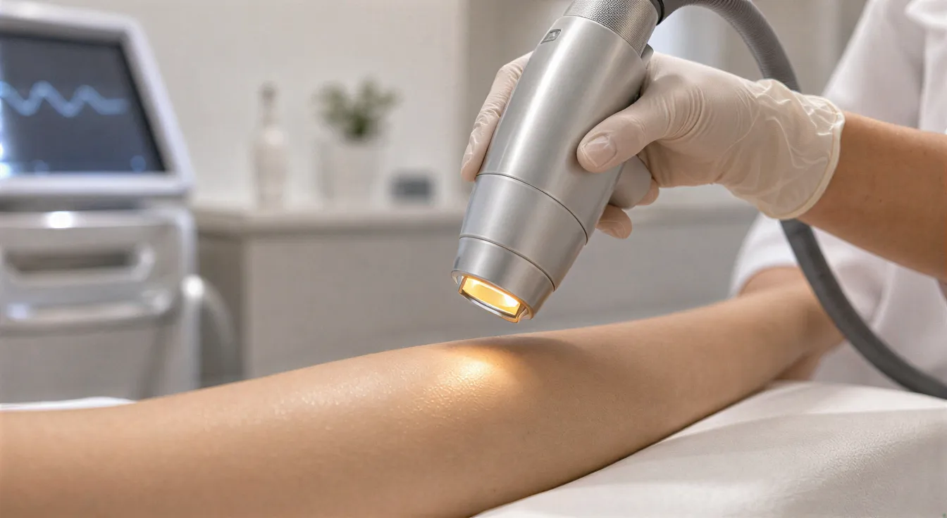 Eine behandschuhte Hand positioniert ein Laser-Handstück über einem Unterarm auf einer weißen Behandlungsliege.