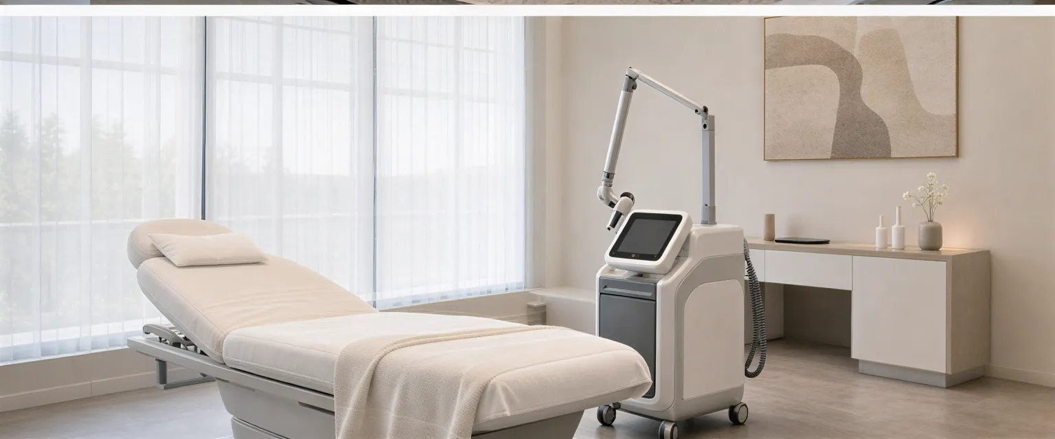 Ein minimalistischer Behandlungsraum mit modernem Laser und weißem Behandlungstisch in einem ästhetischen Klinikinterieur.