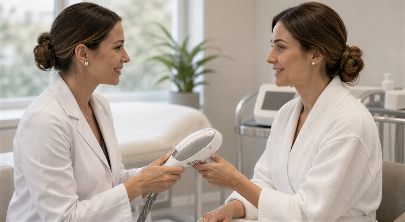 Eine Lasertechnikerin erklärt einer Klientin in einer modernen Praxis beruhigend ein Handlasergerät.