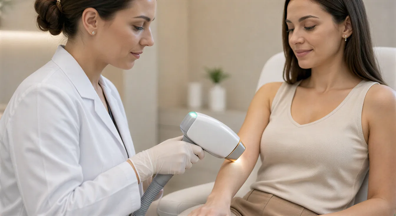 Eine Ärztin behandelt mit einem Laser die entspannte Patientin in einem modernen Behandlungsraum.