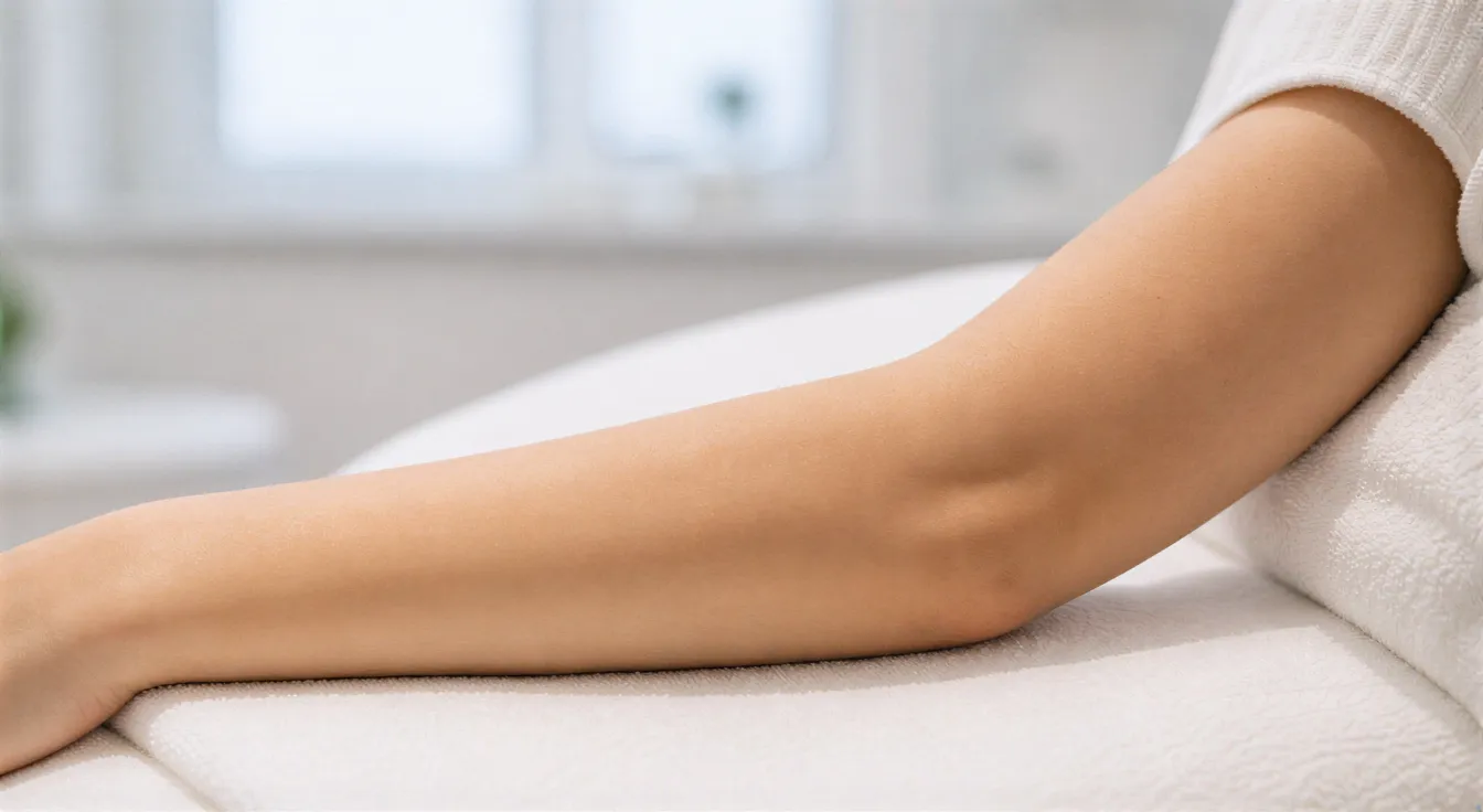 Ein glatter, hautfreier Arm ruht auf einer gepolsterten Behandlungsliege in einer modernen Klinik.