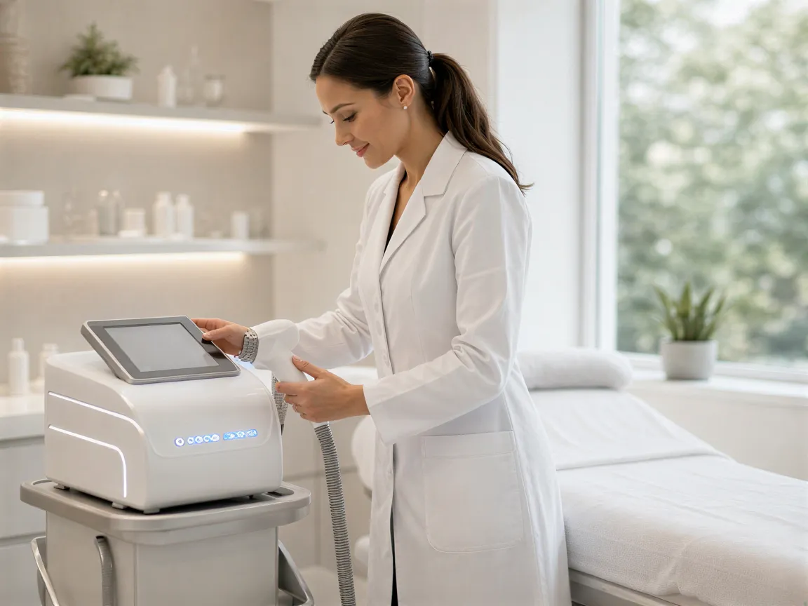 Eine Ästhetikerin führt eine Laserbehandlung an der Hand einer entspannten Klientin in einem minimalistischen