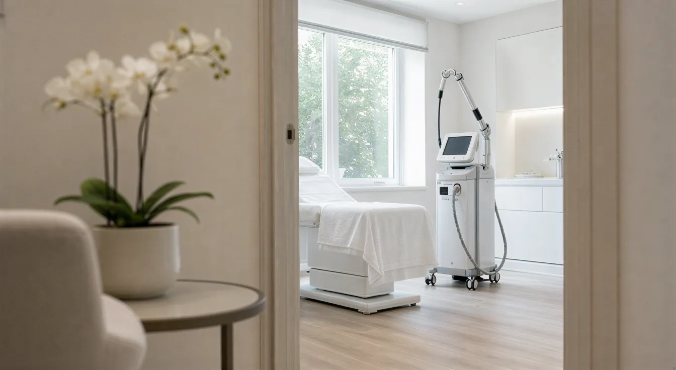 Ein moderner Behandlungsraum mit Laserhaarentfernungsgerät und Behandlungsliege in ruhigem, sauberem Ambiente.