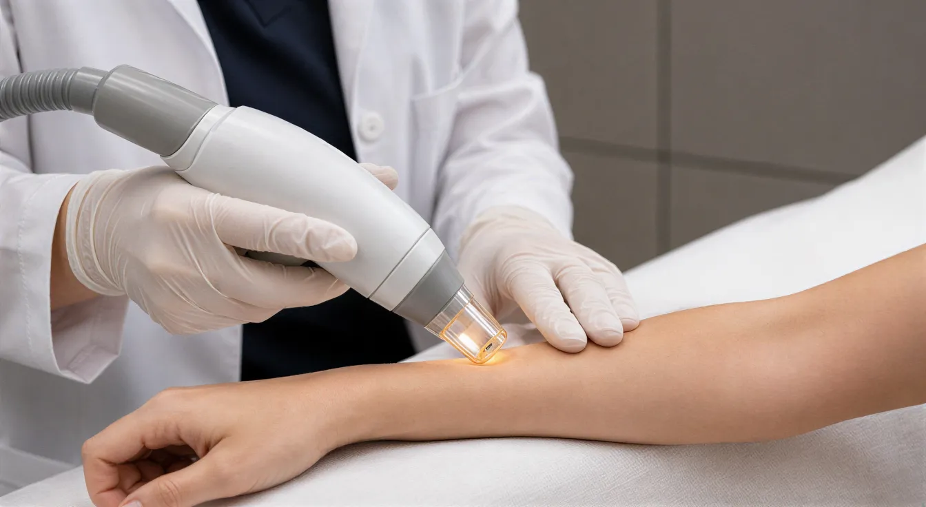Eine Ärztin führt eine präzise Laser-Haarentfernungsbehandlung am Arm einer Patientin durch.