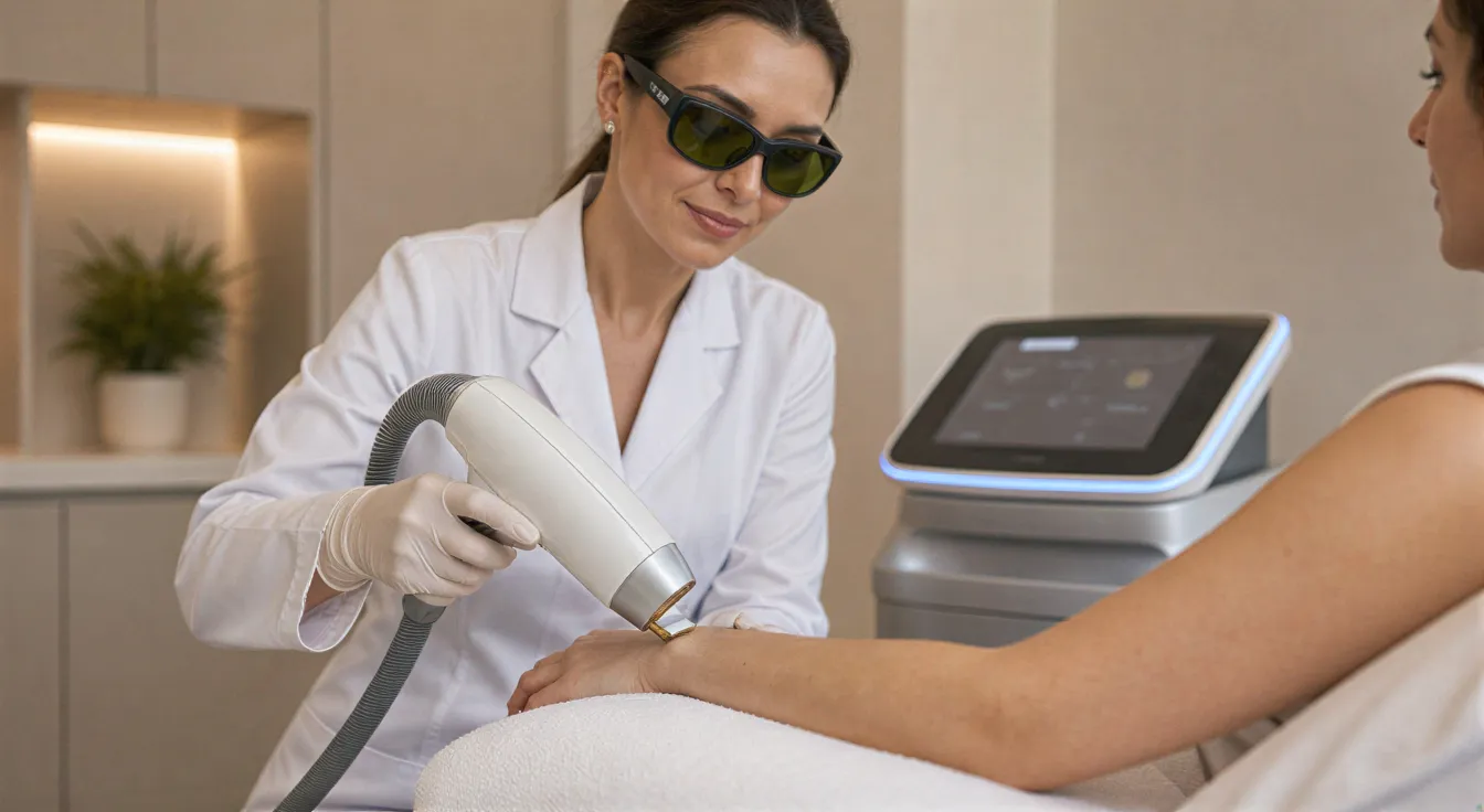 Eine Ärztin führt mit einem modernen Laserhandstück eine präzise Behandlung am Unterarm eines Patienten durch.