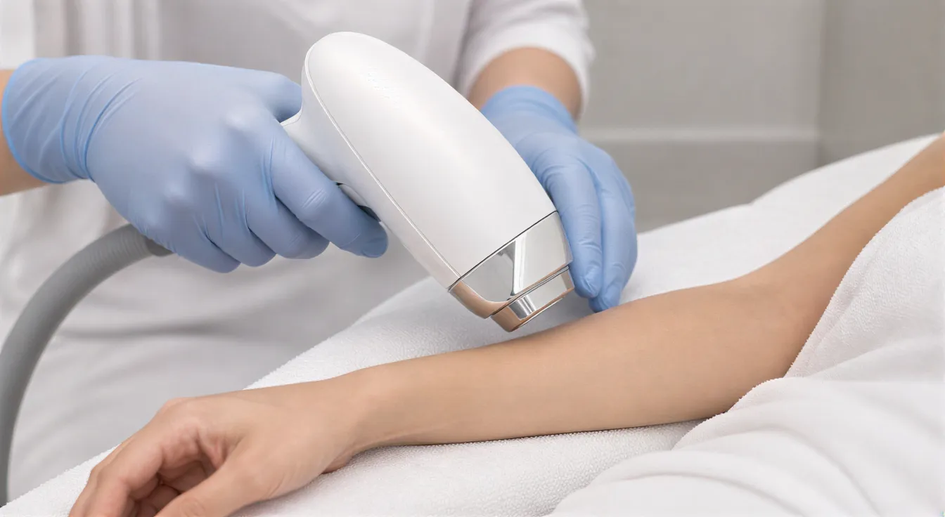 Eine Ärztin positioniert mit blauen Handschuhen einen weißen Laserapparat über dem Unterarm einer Patientin.