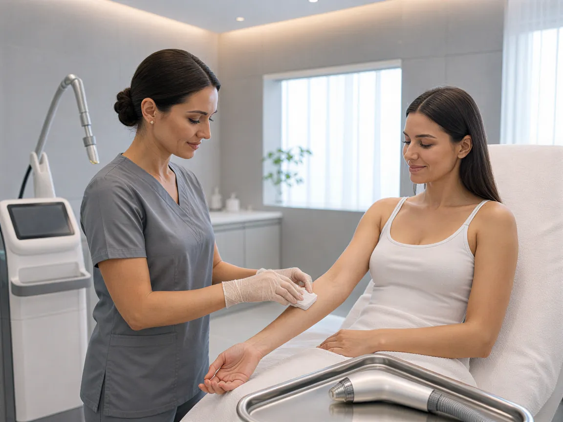 Eine Ärztin bereitet den Arm einer Patientin für eine Laser-Haarentfernungsbehandlung vor.