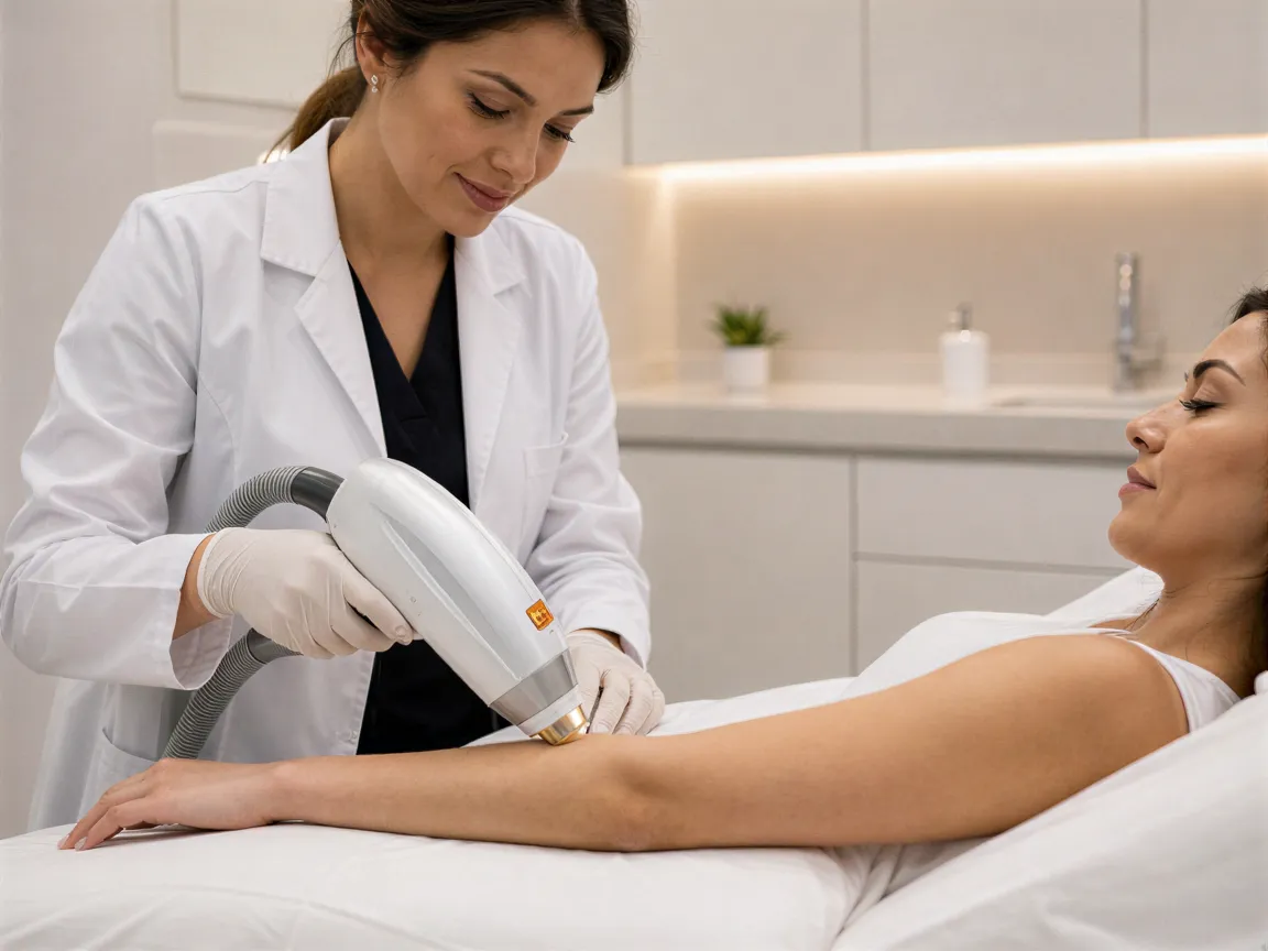 Eine Ästhetikerin behandelt mit einem modernen Laserhandstück den Arm einer Klientin in einem sterilen Behandlungsraum.