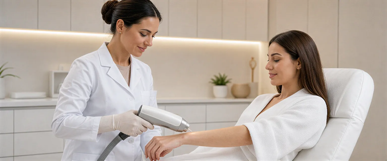 Eine Dermatologin führt mit einem Lasergerät eine Haarentfernungsbehandlung am Unterarm einer Patientin durch.