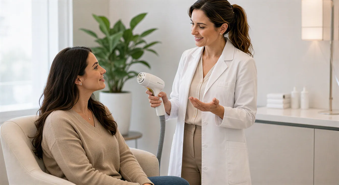 Eine Ärztin erklärt einer Patientin in einer modernen Praxis ruhig die Behandlung mit einem Laserhandstück.