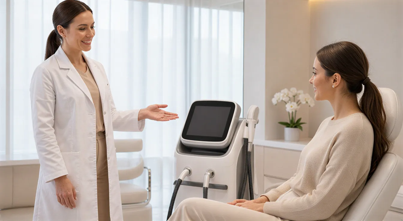 Eine Dermatologin erklärt einer Klientin ein modernes Laserhaarentfernungsgerät in einem hellen Behandlungsraum.