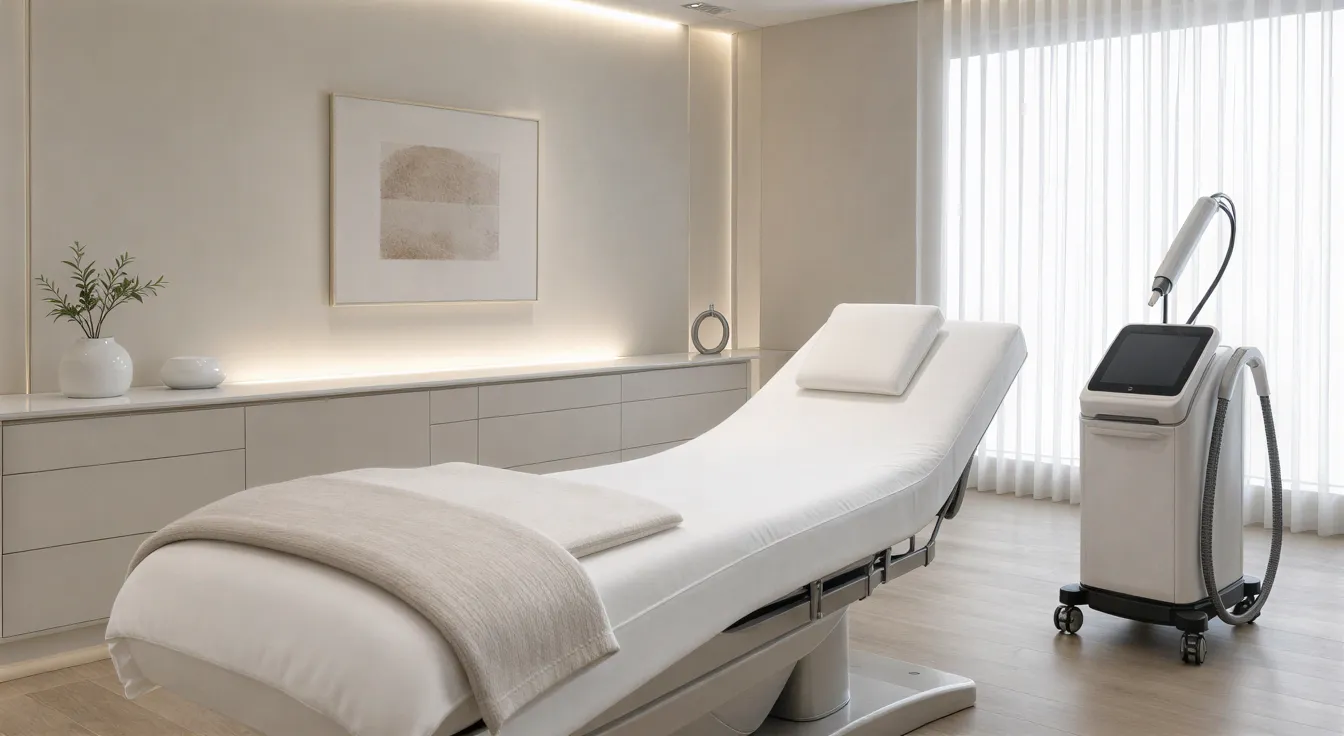 Ein moderner Behandlungsraum mit Lasertechnik, einem Behandlungsliege und minimalistischer Einrichtung in ruhigem Licht.