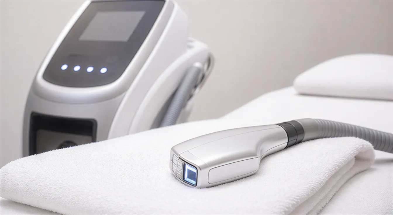 Ein moderner Laser-Haarentfernungsapparat liegt auf einem weißen Handtuch in einem klinisch sauberen Behandlungsraum.