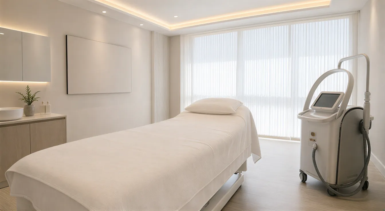 Ein moderner Behandlungsraum mit Laserhaarentfernungsgerät, gepolstertem Patientenbett und ruhiger Beleuchtung.