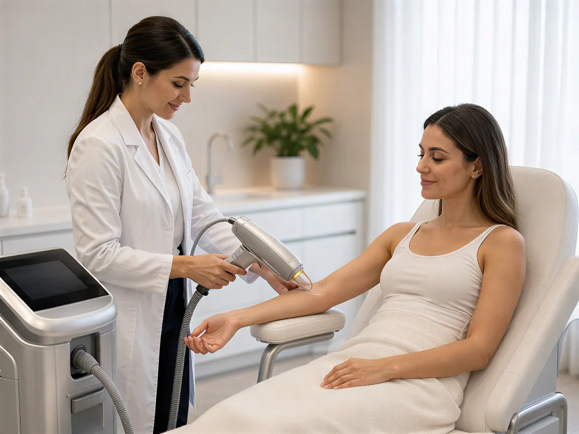 Eine Ärztin justiert ein Laserhaarentfernungsgerät für eine Patientin in einem modernen Behandlungsraum.