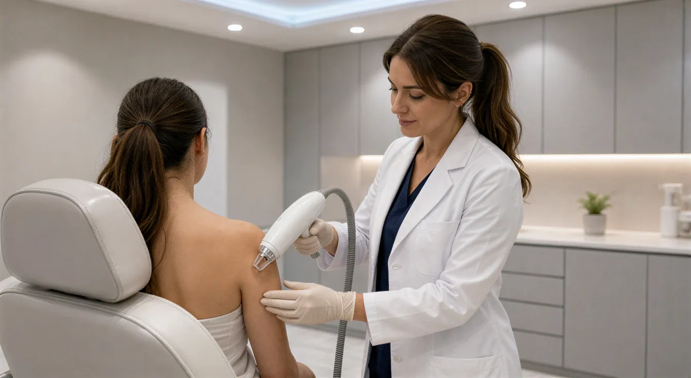 Eine Ästhetikerin behandelt eine Klientin mit einem modernen Laser-Gerät in einem ruhigen, klinischen Behandlungsraum.