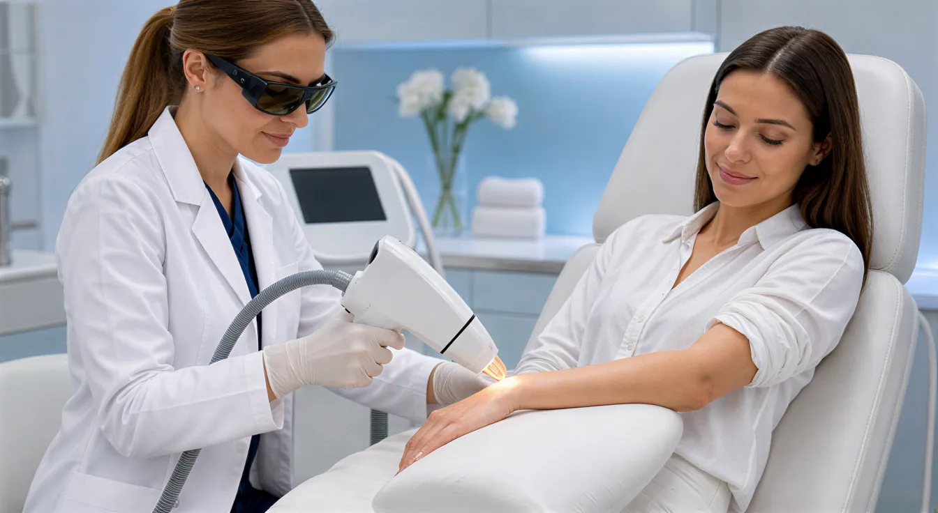 Eine Ärztin bereitet mit einem Laser-Handstück den Arm einer Patientin in einer modernen Behandlungsraum vor.
