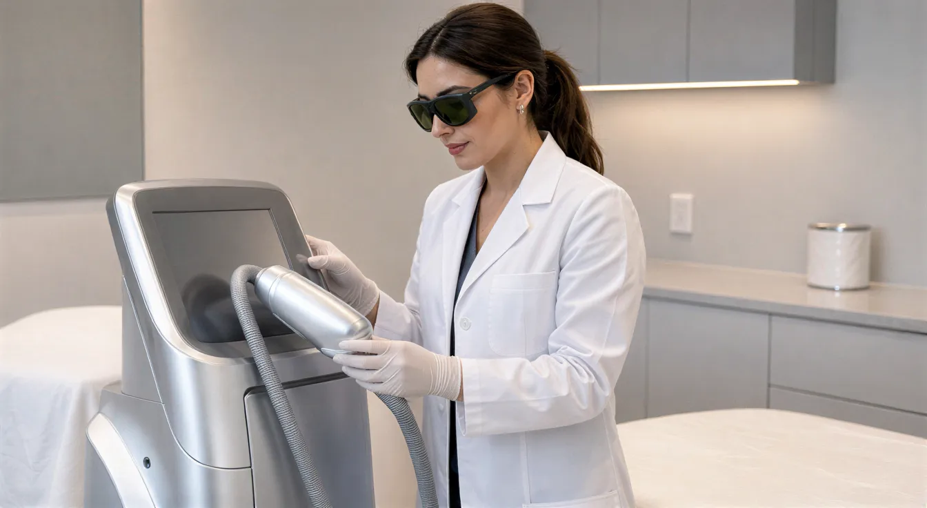 Eine Dermatologin in weißem Kittel kalibriert ein modernes Laserhaarentfernungsgerät in einem klinischen Behandlungsraum.