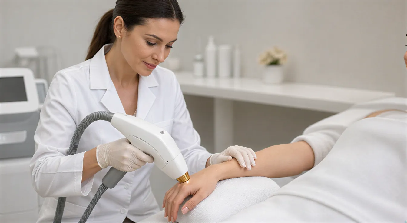 Eine Dermatologin führt mit einem modernen Laser eine Haarentfernungsbehandlung am Unterarm einer Klientin durch.