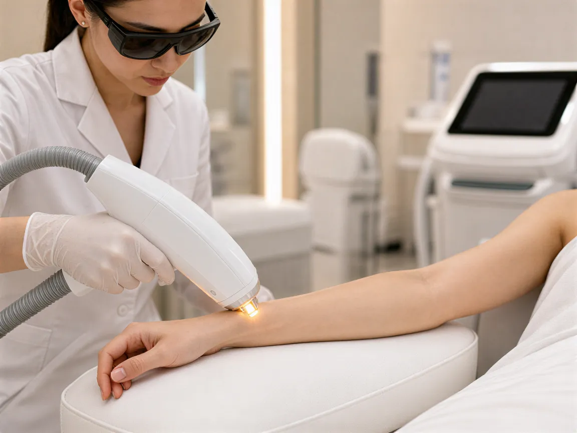Eine Lasertechnikerin führt eine Haarentfernungsbehandlung an einem Unterarm in einer modernen Klinik durch.