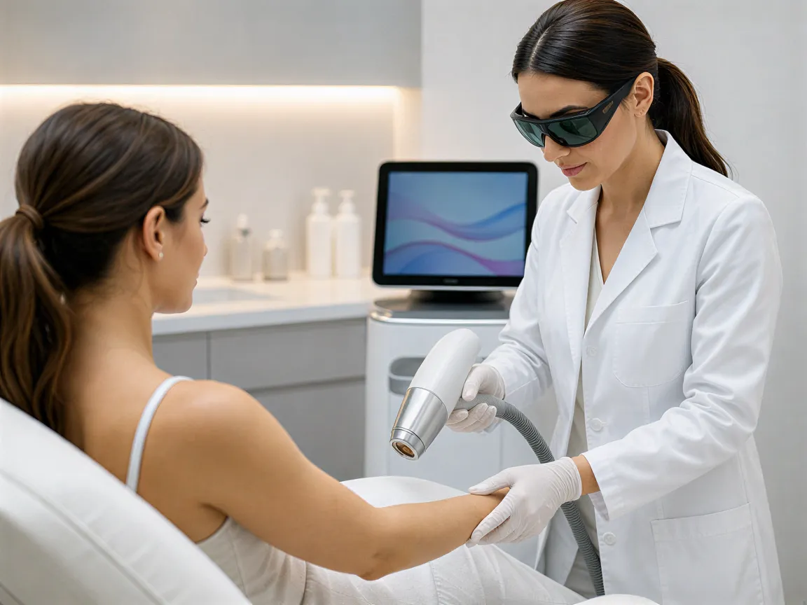 Eine Lasertechnikerin bereitet eine Behandlung an der Unterarm einer ruhigen Klientin in einem sterilen Behandlungsraum vor.