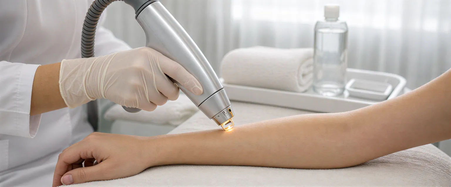 Eine Ärztin führt mit einem Laser eine Haarentfernungsbehandlung an einem Unterarm durch.