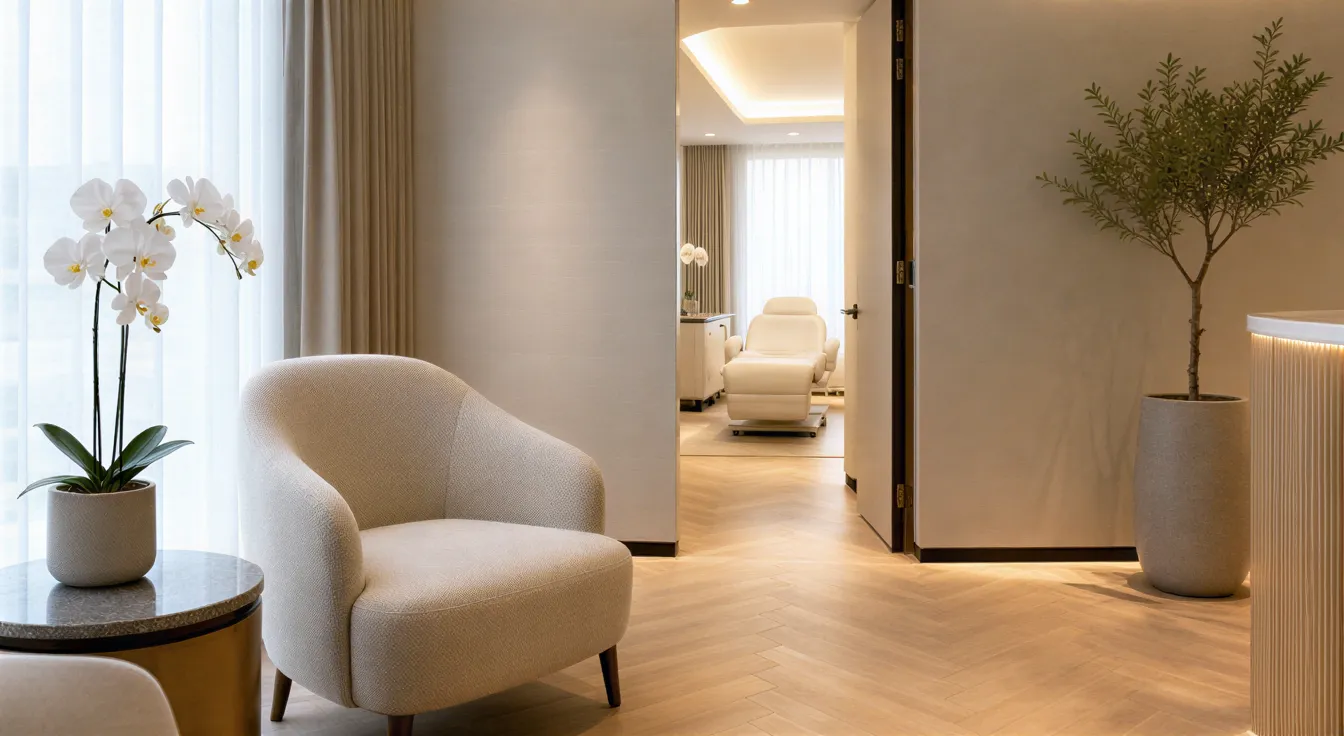 Ein minimalistischer Warteraum einer Ästhetikklinik mit Sessel, Orchidee und sanft beleuchteter Behandlungszimmertür.