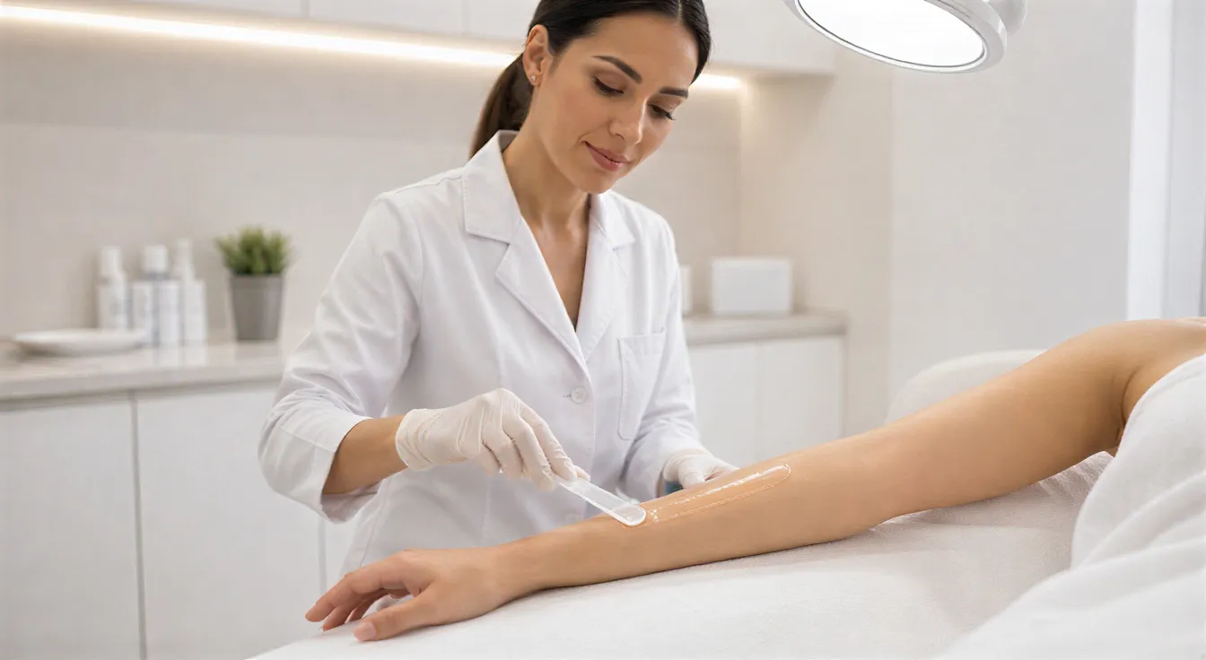 Eine Dermatologin trägt Kühlgel auf den Unterarm einer Klientin für eine Laserbehandlung in einem sterilen Behandlungsraum.