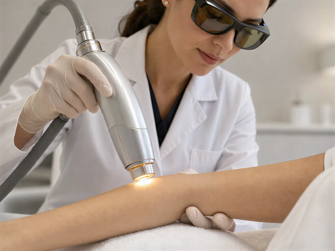 Eine Dermatologin führt eine präzise Laser-Haarentfernungsbehandlung am Unterarm einer Patientin durch.