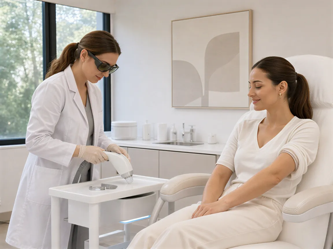 Eine Lasertechnikerin bereitet in einer modernen Praxis ein Gerät vor, während eine Patientin im Behandlungsstuhl wartet.