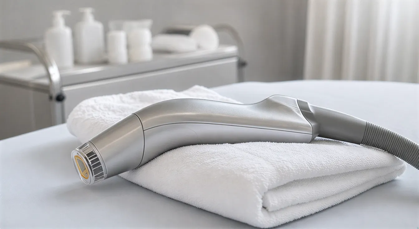 Ein moderner Laser-Handapparat liegt auf einem weißen Handtuch auf einer Behandlungsliege in einem klinischen Raum.