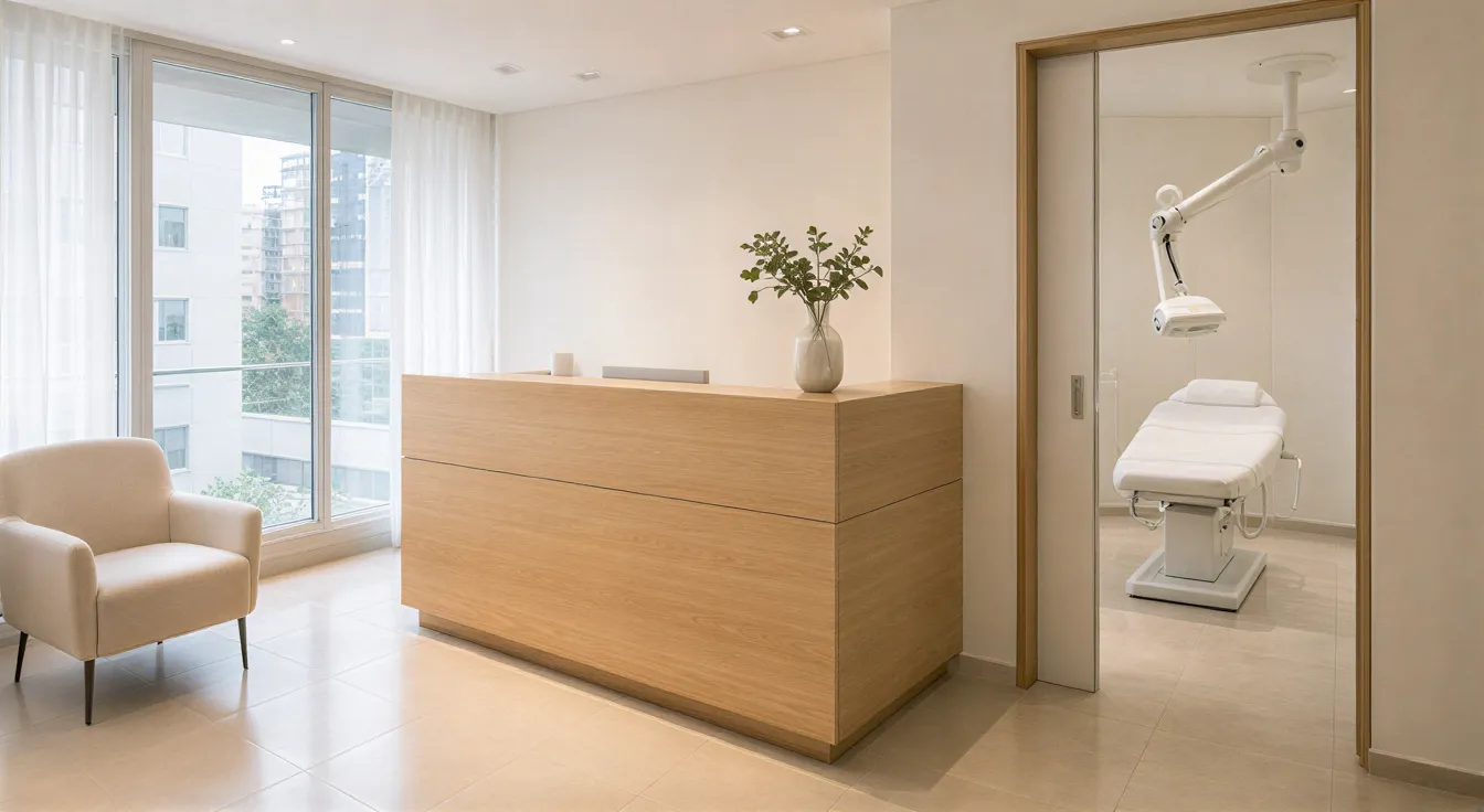 Ein modernes Lasertherapiezentrum mit minimalistischer Rezeption und Blick auf einen Behandlungsraum mit Deckengerät.
