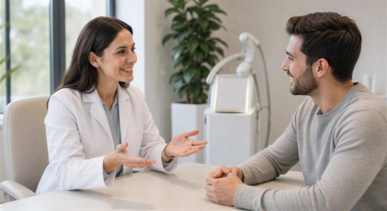 Eine Dermatologin in weißem Kittel erklärt einem Patienten in einem modernen Behandlungszimmer etwas.
