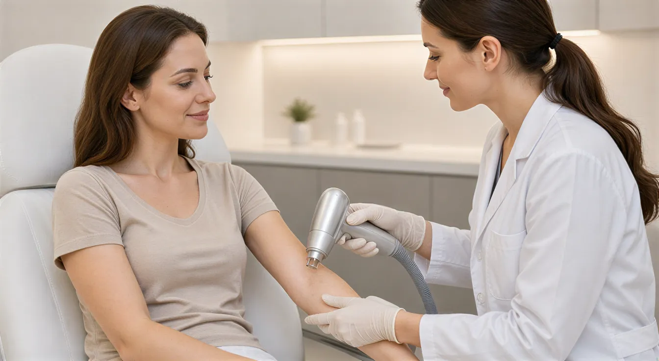 Eine Patientin und eine Hautspezialistin beruhigend in einer modernen Laserbehandlungsraum.