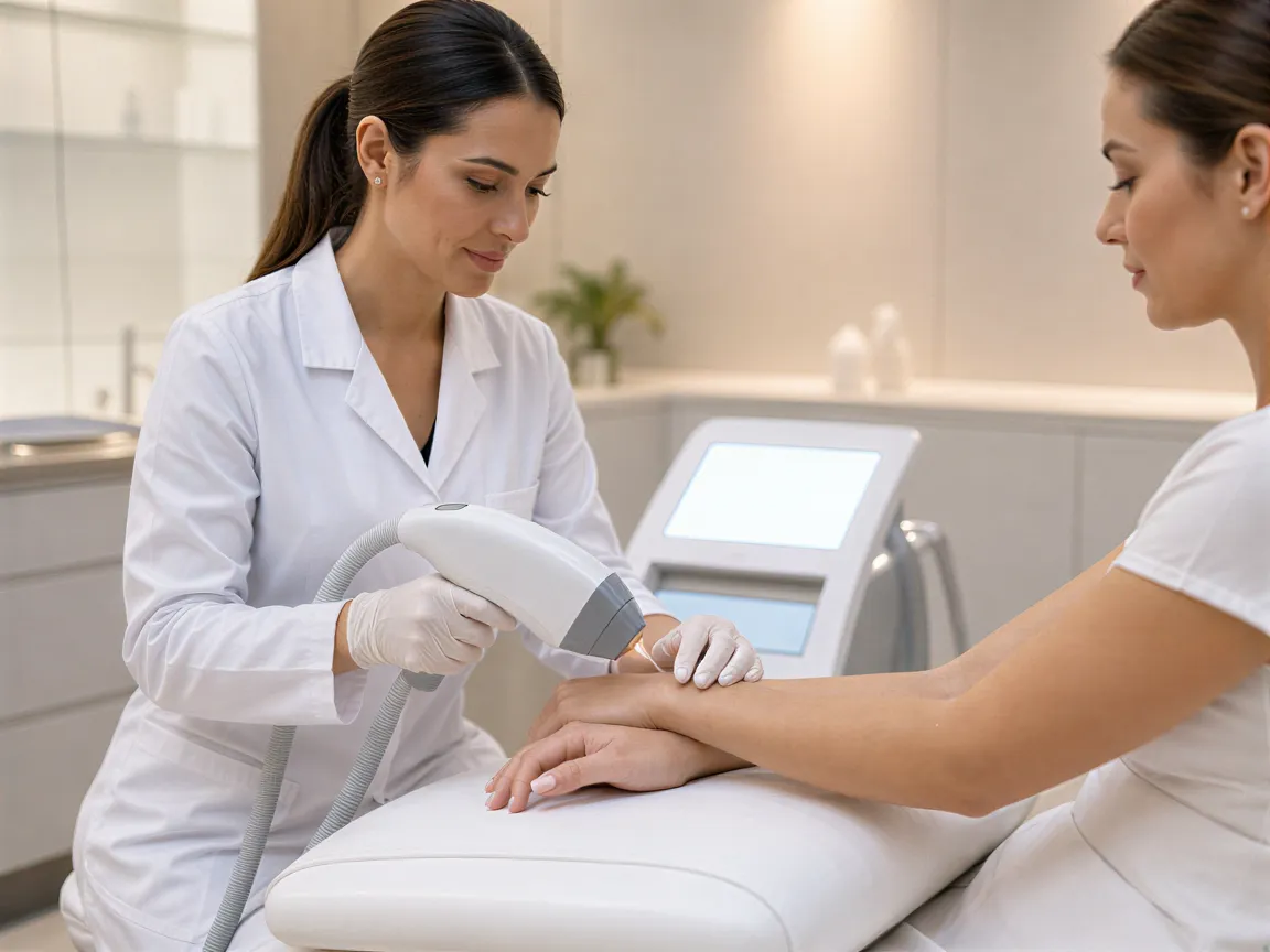 Ein moderner Behandlungsraum mit Laser-Konsole und professioneller Behandlungsliege in ruhiger Atmosphäre.