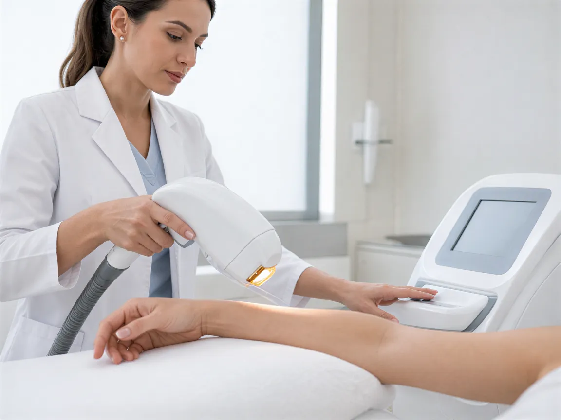 Eine Dermatologin führt eine Laser-Haarentfernungsbehandlung am Unterarm einer Patientin in einem modernen Behandlungsraum