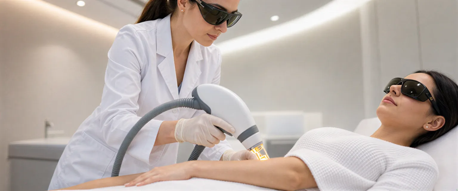 Eine Dermatologin behandelt mit einem modernen Laser die Haut am Unterarm einer entspannten Patientin.