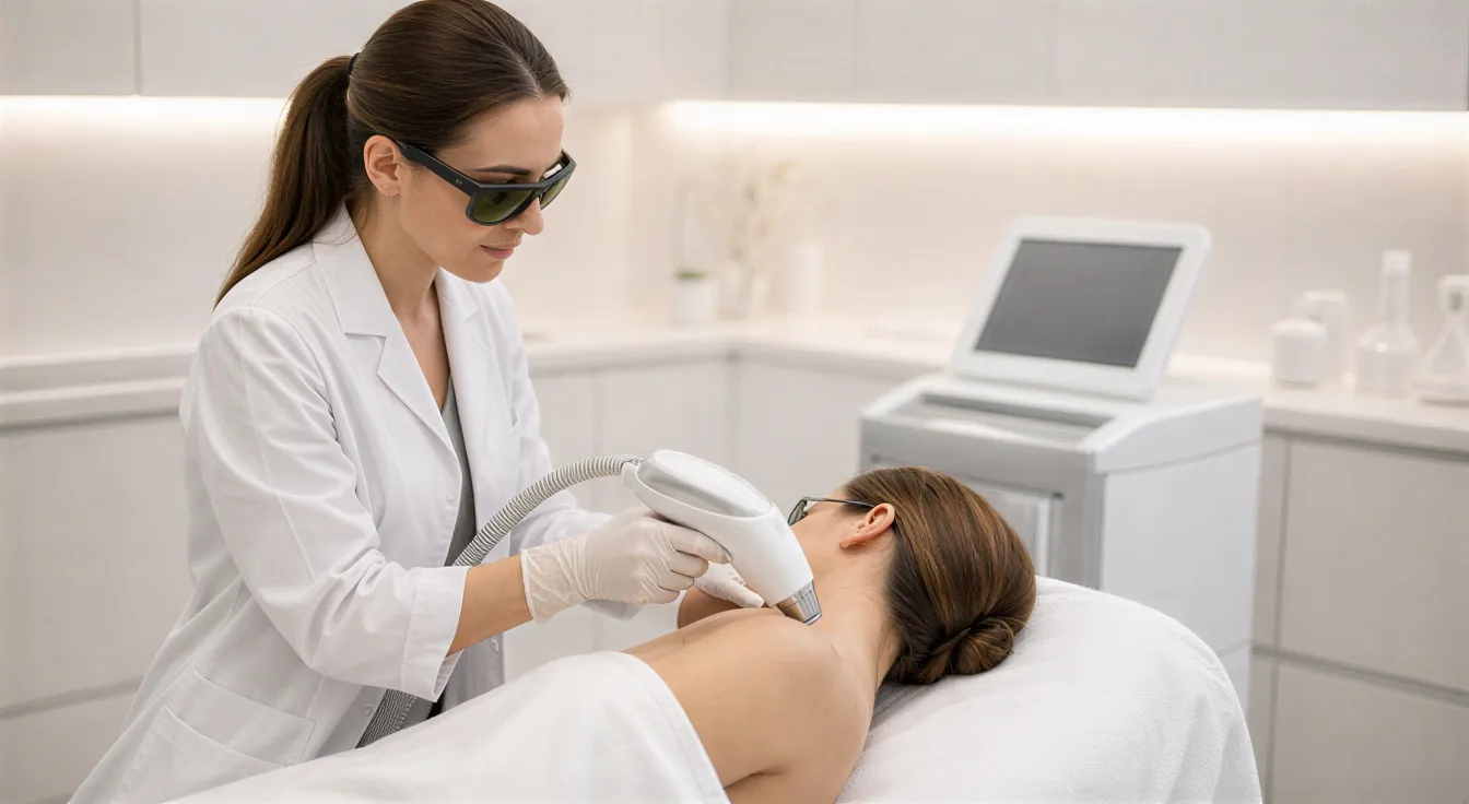 Eine Ärztin behandelt eine Patientin mit einem modernen Laser in einem sterilen Behandlungsraum.