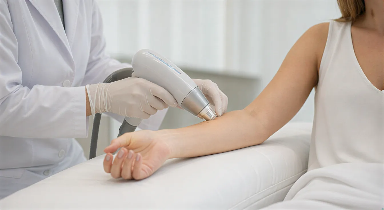 Eine Ärztin behandelt mit einem medizinischen Laser die Haut am Unterarm einer Patientin in einem modernen Behandlungsraum.
