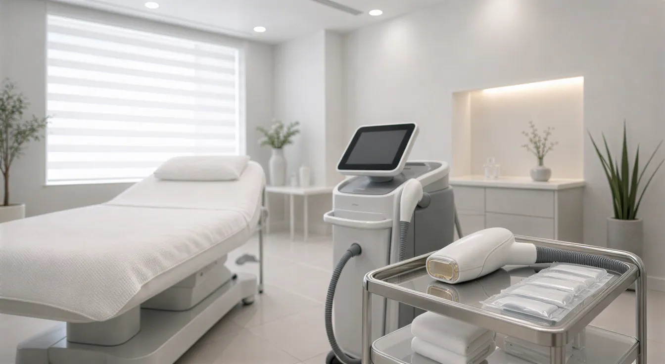 Ein moderner Behandlungsraum mit Laser-Gerät, weißem Bett und natürlichem Licht in klinisch sauberer Atmosphäre.
