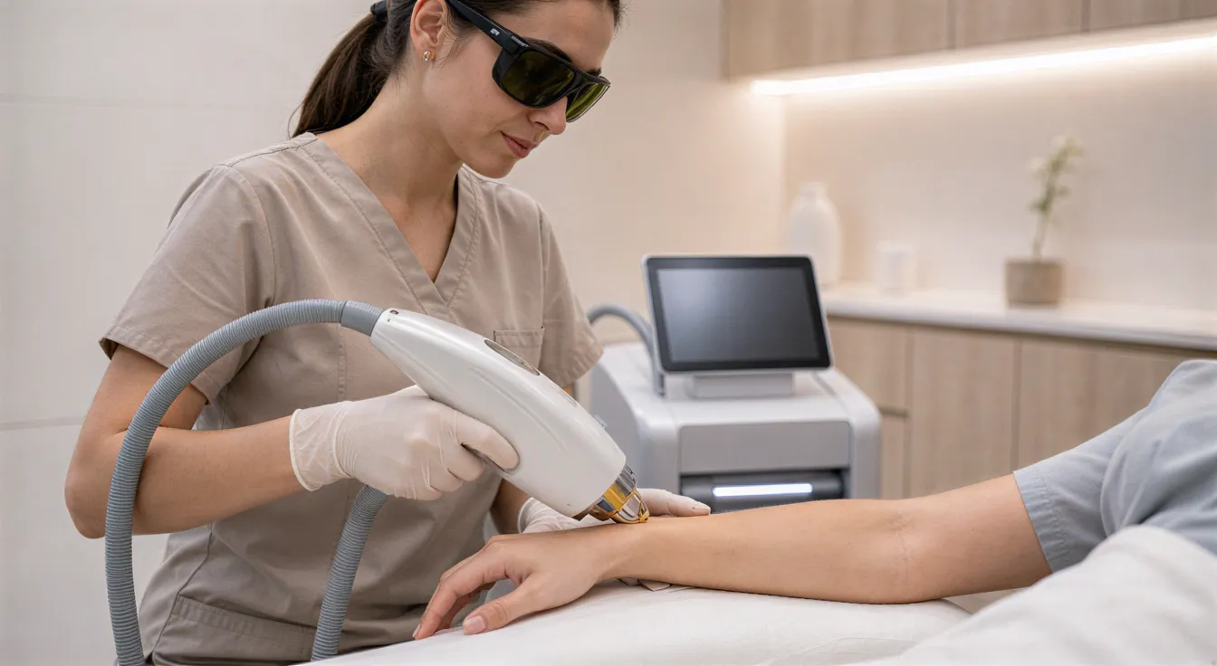 Eine Dermatologietechnikerin führt eine Laserepilation am Unterarm einer entspannten Klientin in einer modernen Klinik durch.