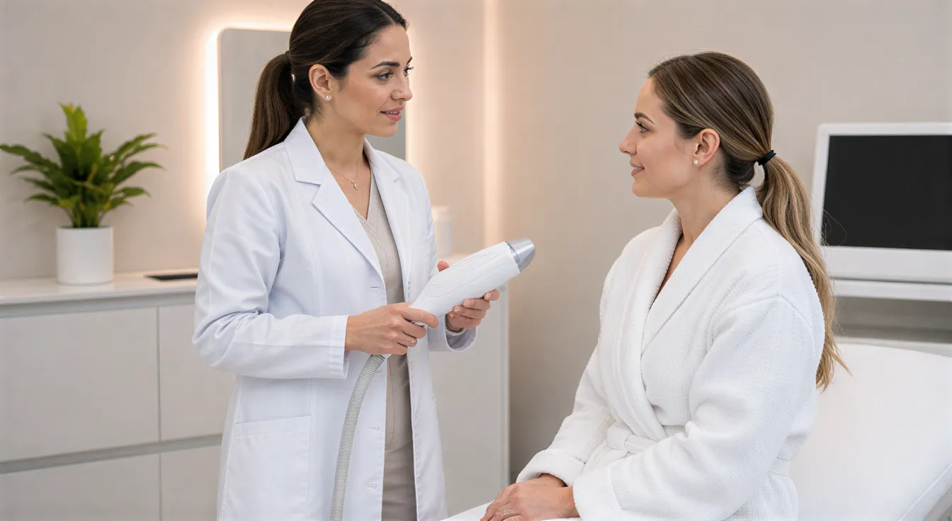 Eine Ärztin erklärt einer Patientin in einem modernen Behandlungsraum die Anwendung eines Laserhandstücks.
