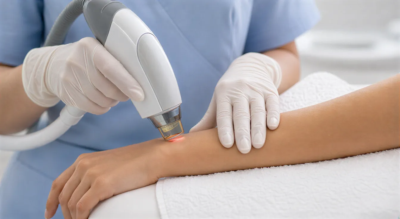 Eine Lasertechnikerin führt eine Haarentfernungsbehandlung an einem Unterarm in einer modernen Klinik durch.
