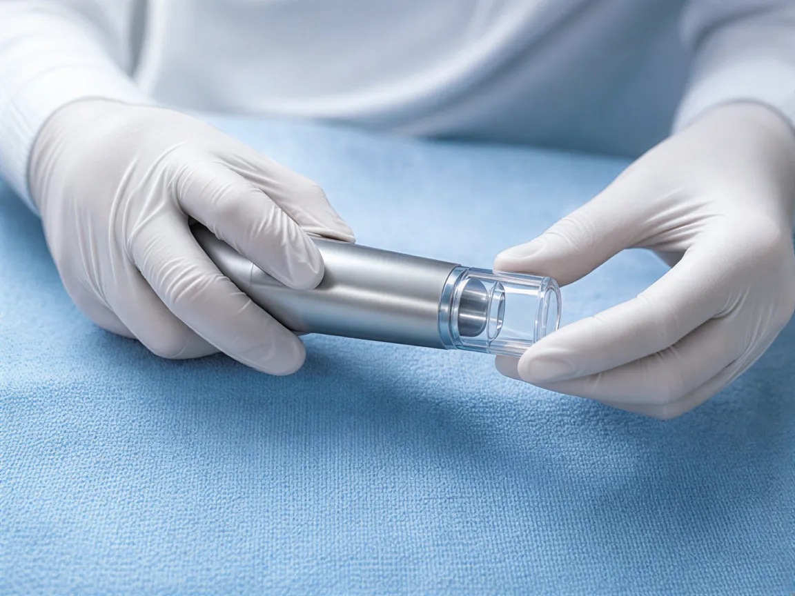 Technikerhände bereiten ein modernes Laserbehandlungsgerät auf einem blauen medizinischen Tuch vor.