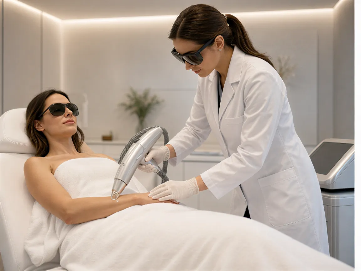 Eine Patientin liegt auf einer Behandlungsliege, während eine Ärztin mit einem Laser-Handstück an ihrem Unterarm arbeitet.