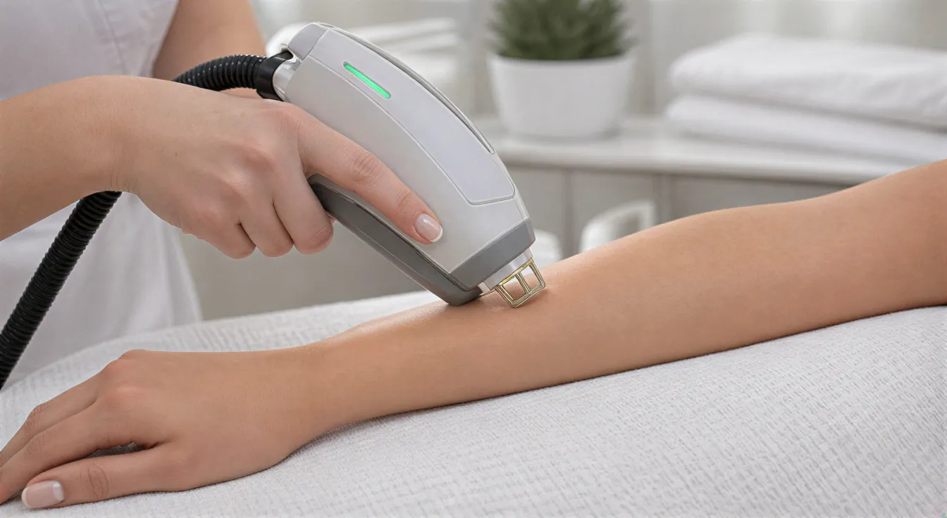 Eine Ästhetikerin positioniert ein modernes Laserhandstück auf dem Unterarm eines Kunden in einem ruhigen Behandlungsraum.