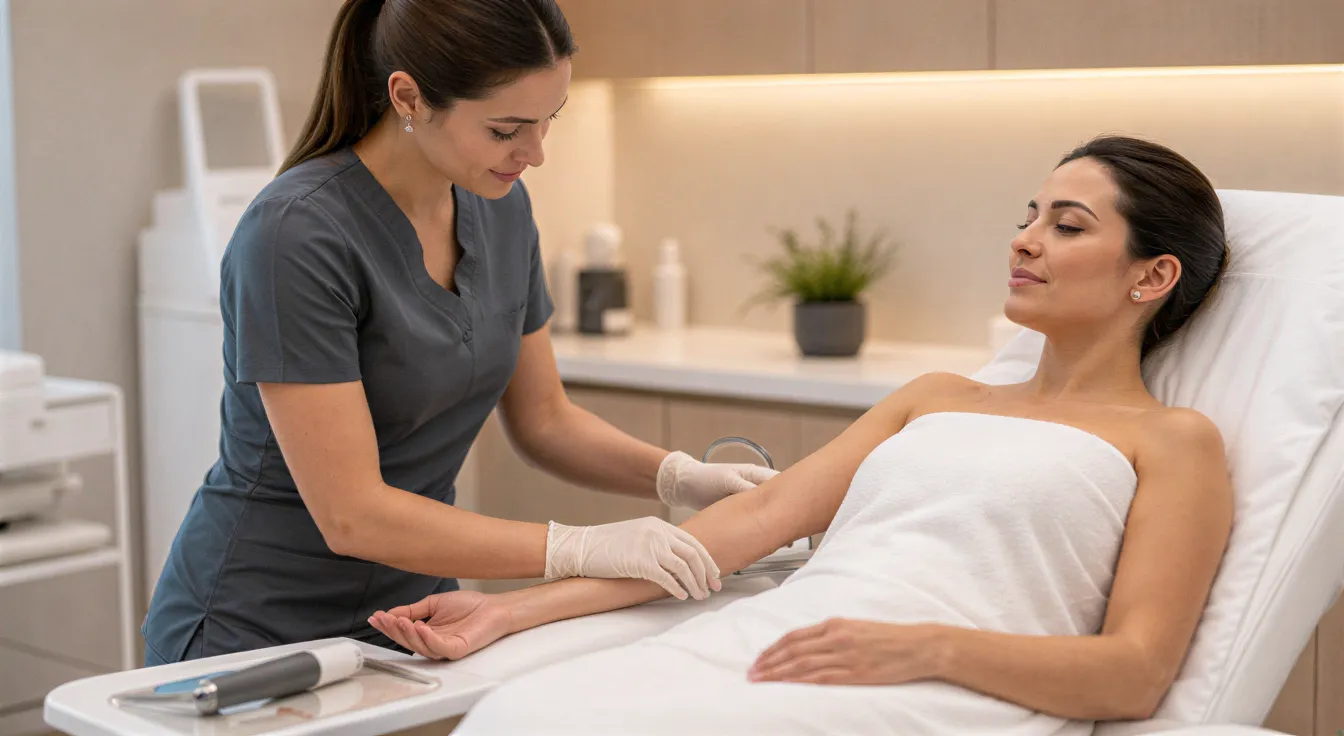Eine Technikerin positioniert behutsam den Arm einer Kundin für eine Laserbehandlung in einem modernen Behandlungsraum.
