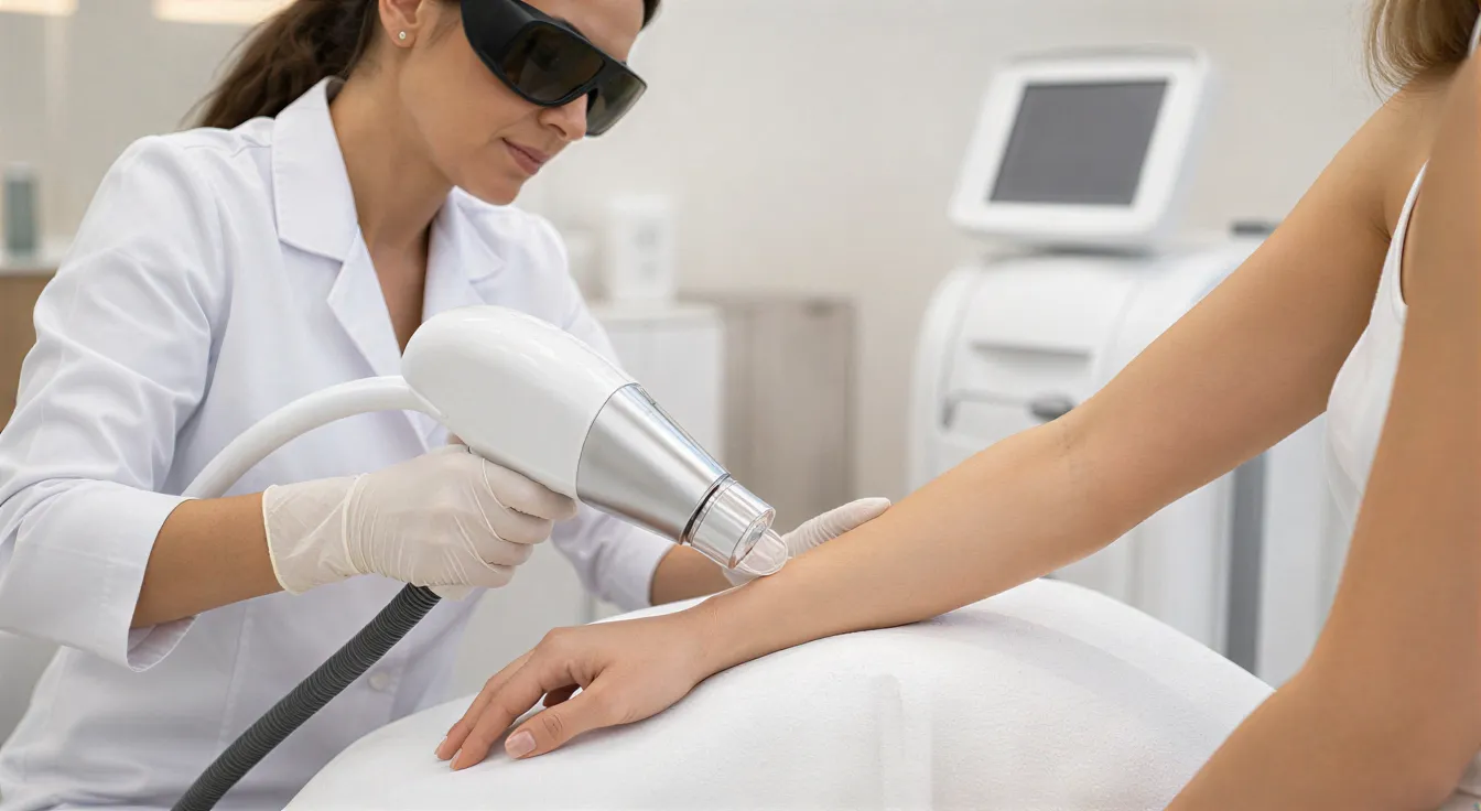 Eine Dermatologin führt mit einem Lasergerät eine Haarentfernungsbehandlung am Unterarm einer Klientin durch.
