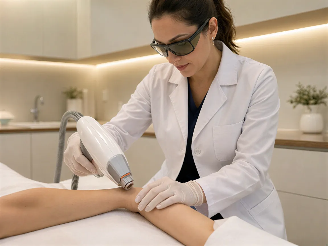 Eine Ärztin führt mit einem Lasergerät eine Haarentfernungsbehandlung am Arm einer Patientin durch.