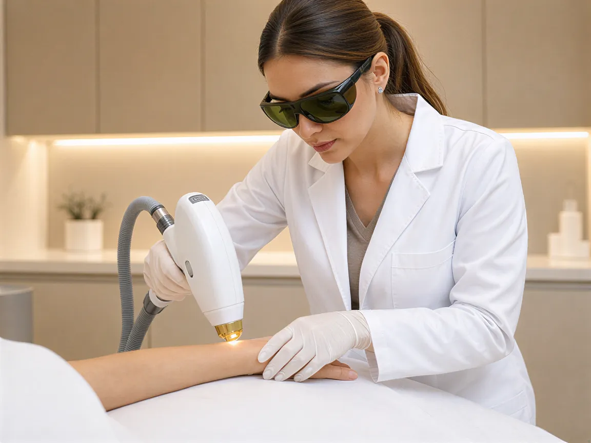 Eine Lasertechnikerin führt in einem modernen Behandlungsraum eine Haarentfernungsprozedur an einem Unterarm durch.